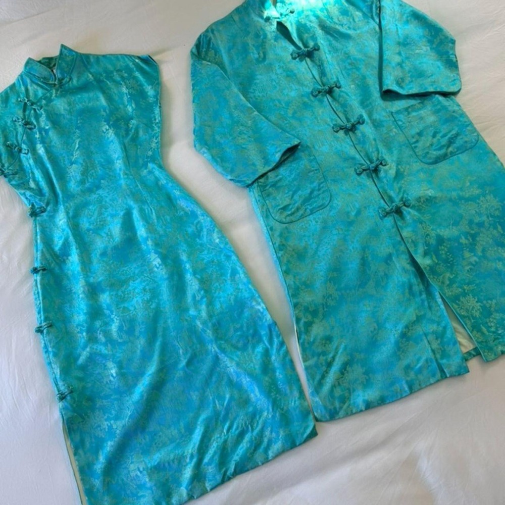 Vintage Crown Brand Japan Teal Brocade Qipao Dress & Jacket Set Turquoise S M